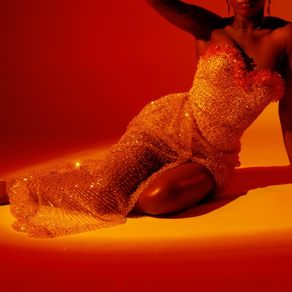 Custom made gold and orange crystal embellished strapless corset prom dress